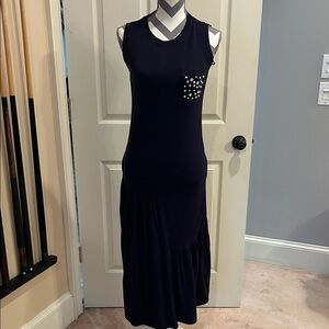 Elegant Navy Sleeveless Dress with Pearl Accents. Small. Knit material